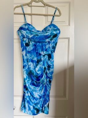 Beautiful blue floral mesh corset, midi Ruched  Dress